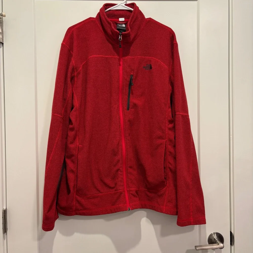 The North Face Mens XL Red Textured Fleece Full Zip Jacket Chest Pocket